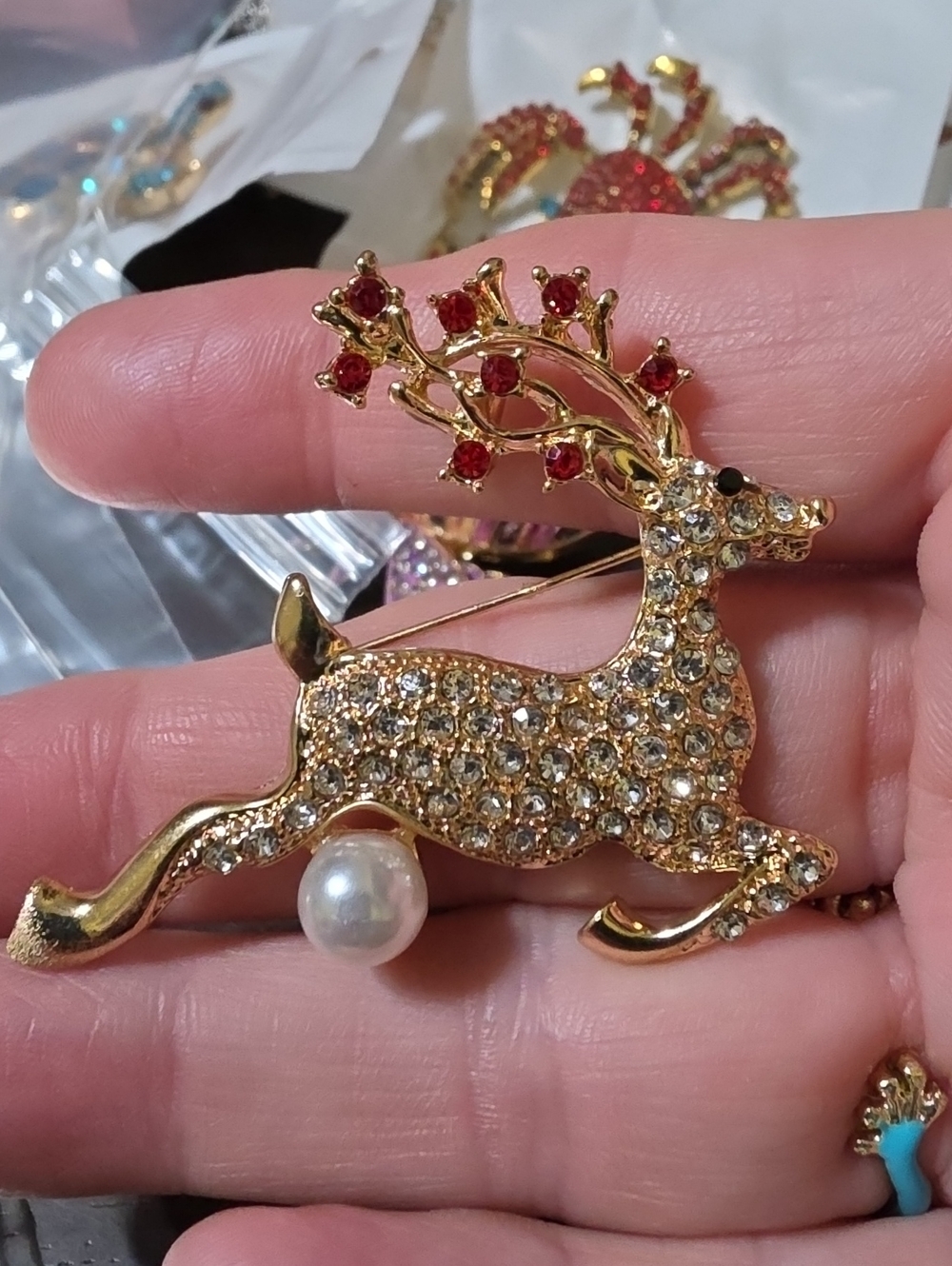 Gold Reindeer Brooch/ Pendant Combo with Red Crystal Accents and Faux Pearl